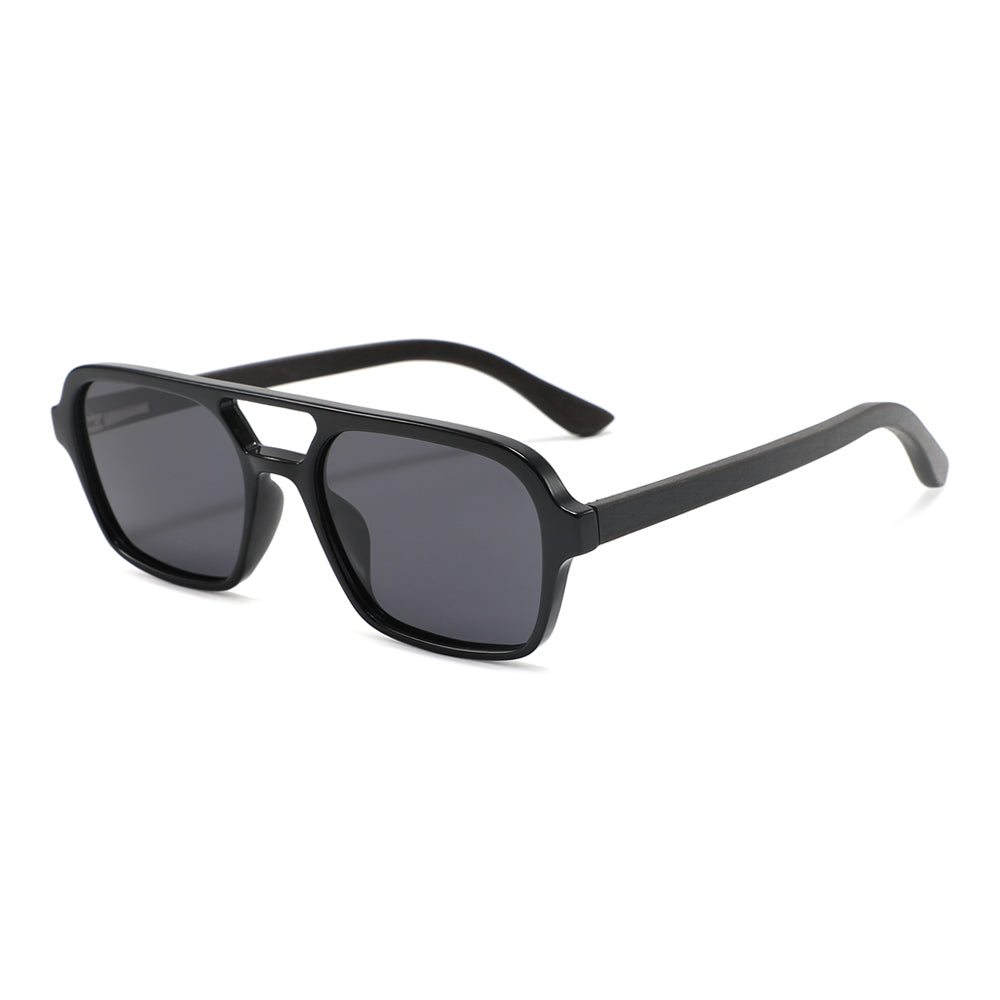 FINLEY BLACK Sunglasses Polarized Lens Trendy Wooden Arms, grey lens, ebony wooden arms.