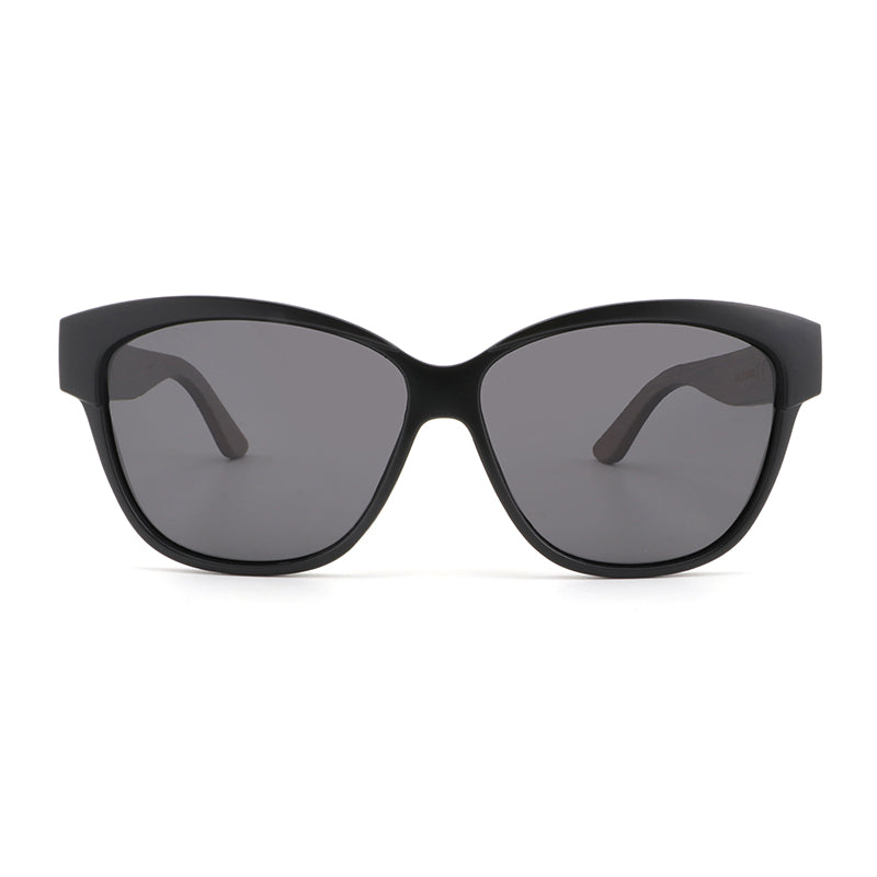 Hashtag Bamboo's NAOMI ladies sunglasses, featuring a slight cat-eye, matt black frame, polarized lens and gorgeous hand-stained dark bamboo arms.
