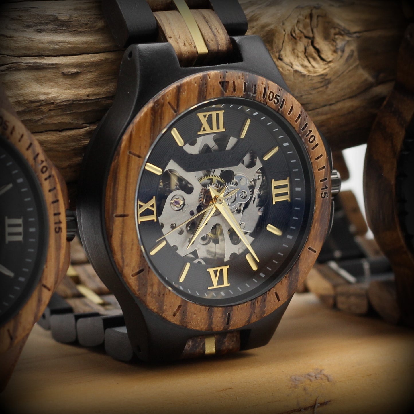 COGSMITH GOLD Two-Tone Mens Skeleton Wooden Mechanical Watch