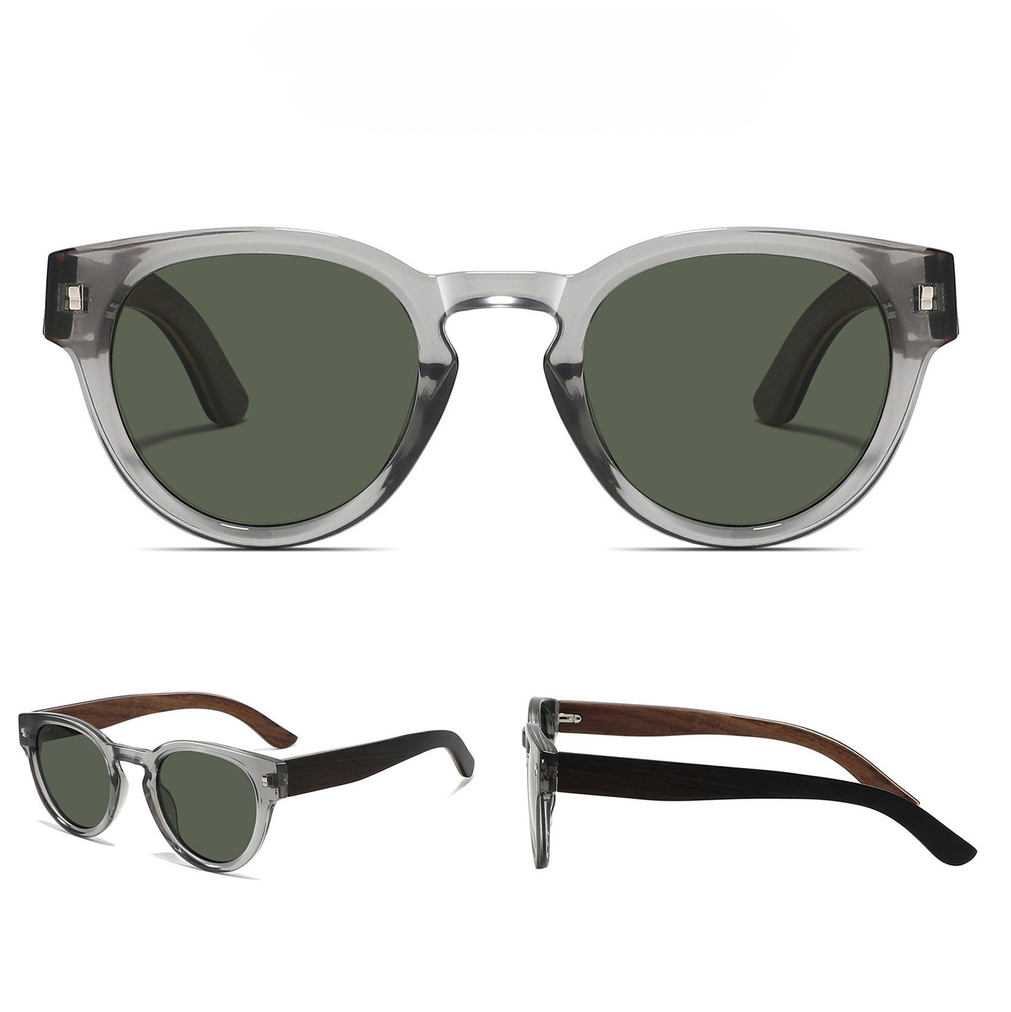 DEPP GREY Round Edgy Sunglasses Polarized Lens Wooden Arms