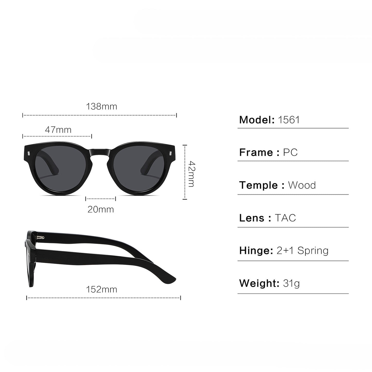 DEPP GREY Round Edgy Sunglasses Polarized Lens Wooden Arms
