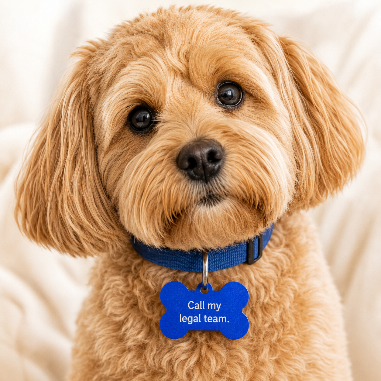 Dog with a blue collar and bone-shaped tag on a light background