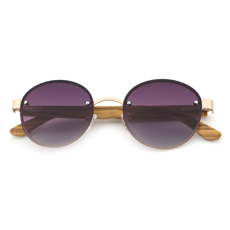 SPECS OMBRE PURPLE Round Rimless Sunglasses with Polarised Lens Wood Arms