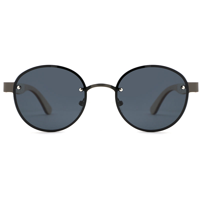 SPECS BLACK Round Rimless Sunglasses with Polarised Lens Wood Arms