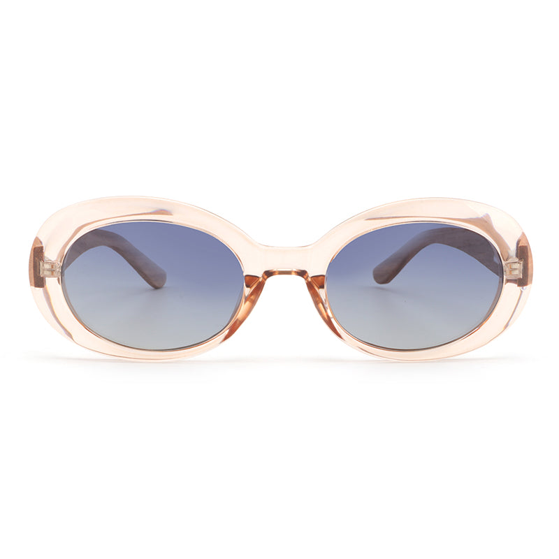 GABY CLEAR BLUE Oval Chic Sunglasses Polarized Lens Wooden Arms