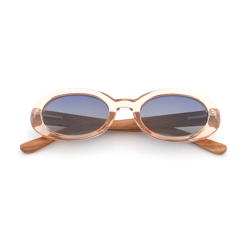GABY CLEAR BLUE Oval Chic Sunglasses Polarized Lens Wooden Arms
