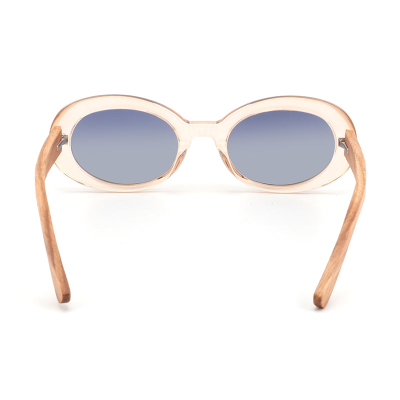 GABY CLEAR BLUE Oval Chic Sunglasses Polarized Lens Wooden Arms