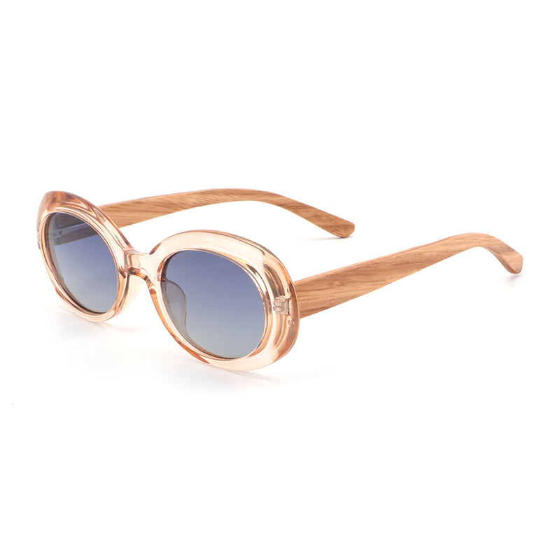 GABY CLEAR BLUE Oval Chic Sunglasses Polarized Lens Wooden Arms
