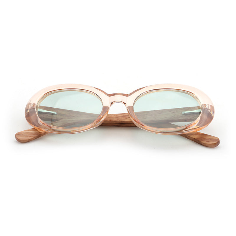 GABY CLEAR GREEN Oval Chic Sunglasses Polarized Lens Wooden Arms