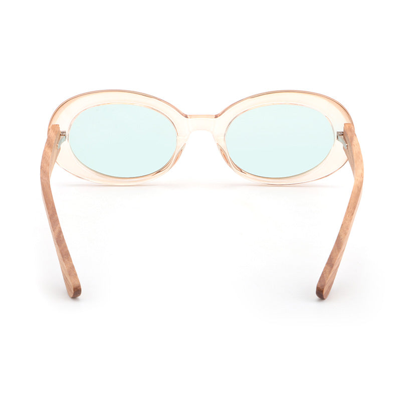 GABY CLEAR GREEN Oval Chic Sunglasses Polarized Lens Wooden Arms