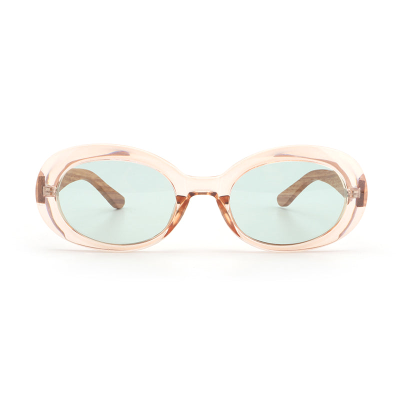 GABY CLEAR GREEN Oval Chic Sunglasses Polarized Lens Wooden Arms
