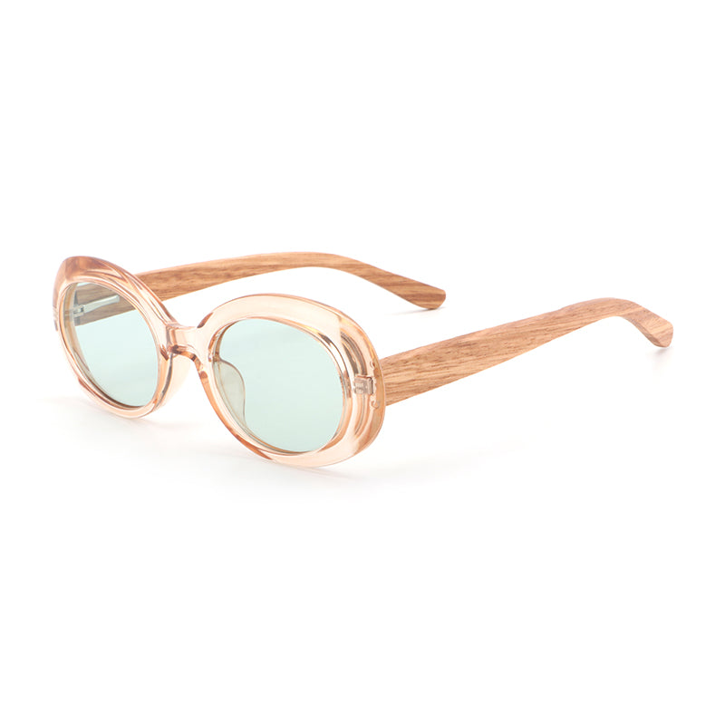 GABY CLEAR GREEN Oval Chic Sunglasses Polarized Lens Wooden Arms