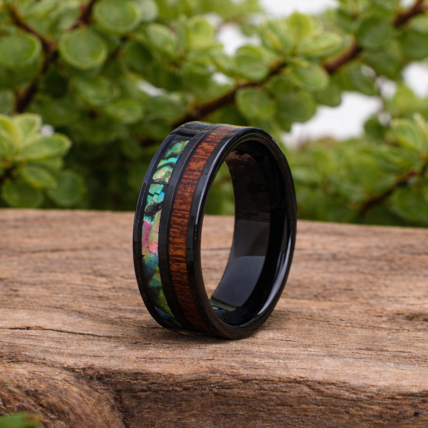 Wooden ring with wood and abalone shell inlay South Africa