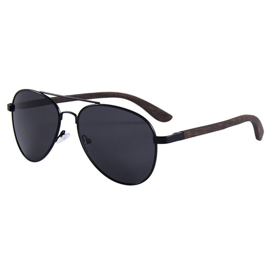 MAVERICK BLACK Aviator Sunglasses Polarised Mirror Lens Wooden Arms