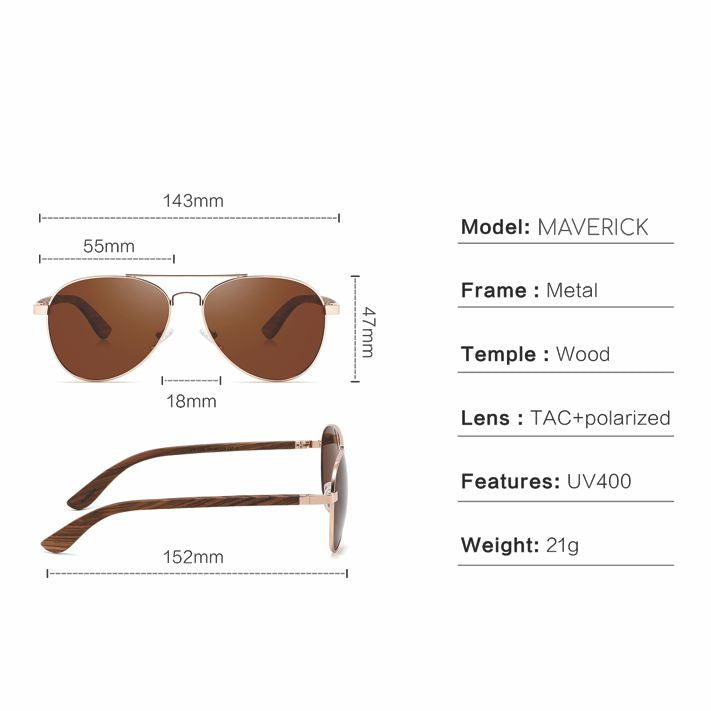 MAVERICK BLACK Aviator Sunglasses Polarised Mirror Lens Wooden Arms