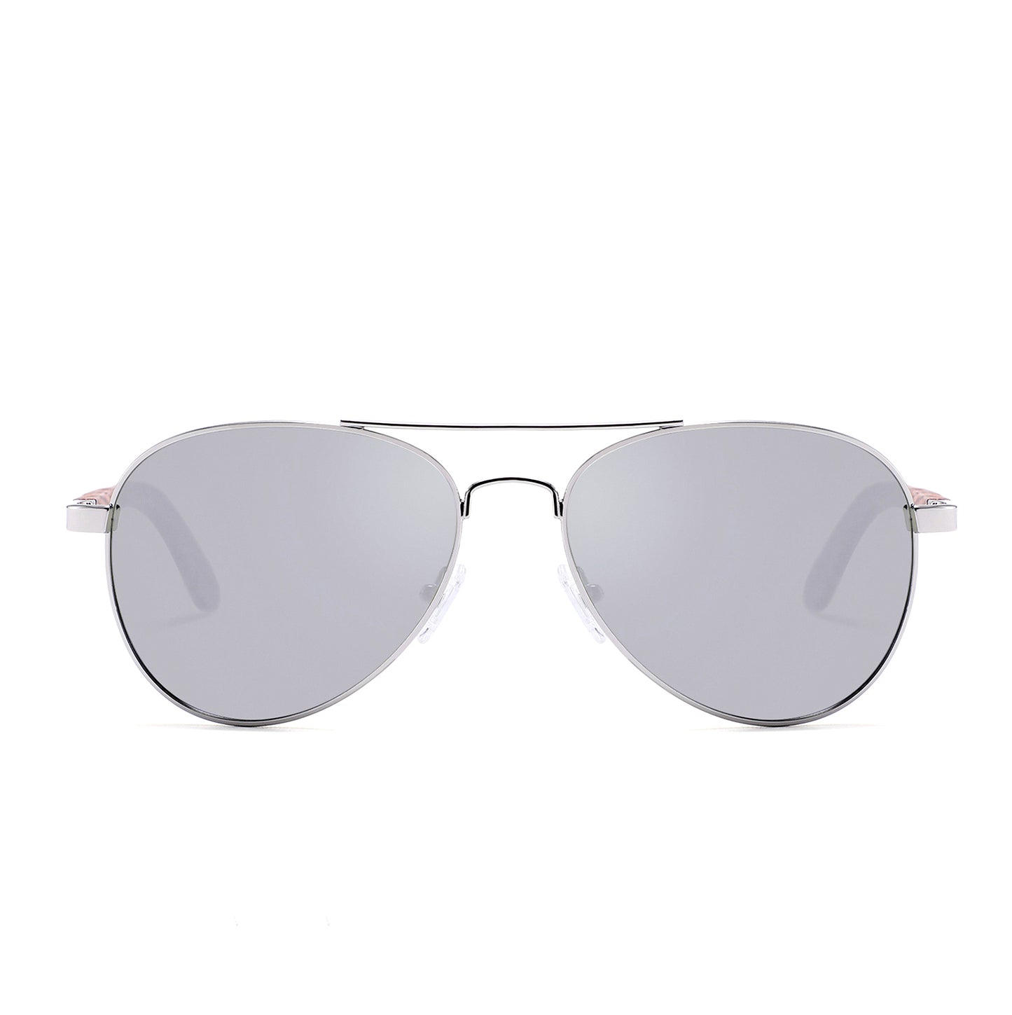 MAVERICK SILVER Aviator Sunglasses Polarised Mirror Lens Wooden Arms