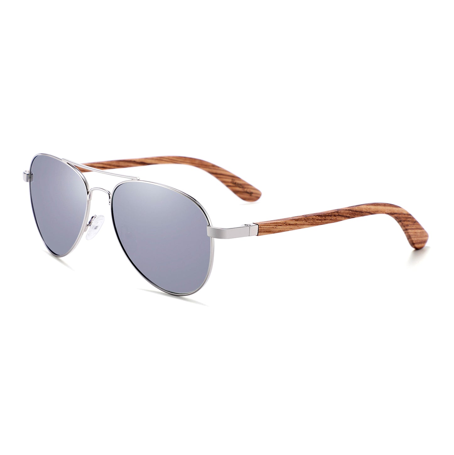 MAVERICK SILVER Aviator Sunglasses Polarised Mirror Lens Wooden Arms