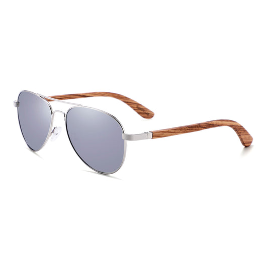 MAVERICK SILVER Aviator Sunglasses Polarised Mirror Lens Wooden Arms