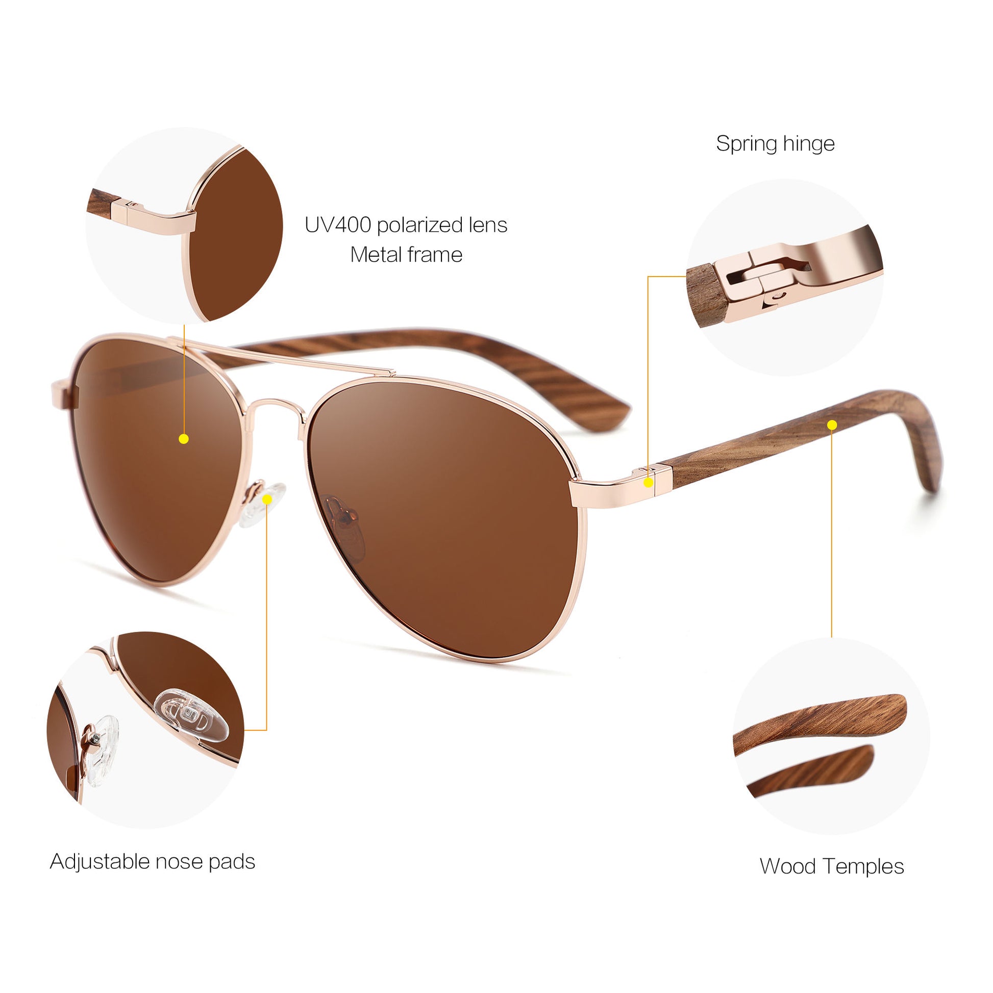 MAVERICK BROWN Aviator Sunglasses Polarised Lens Wooden Arm - Hashtag Bamboo