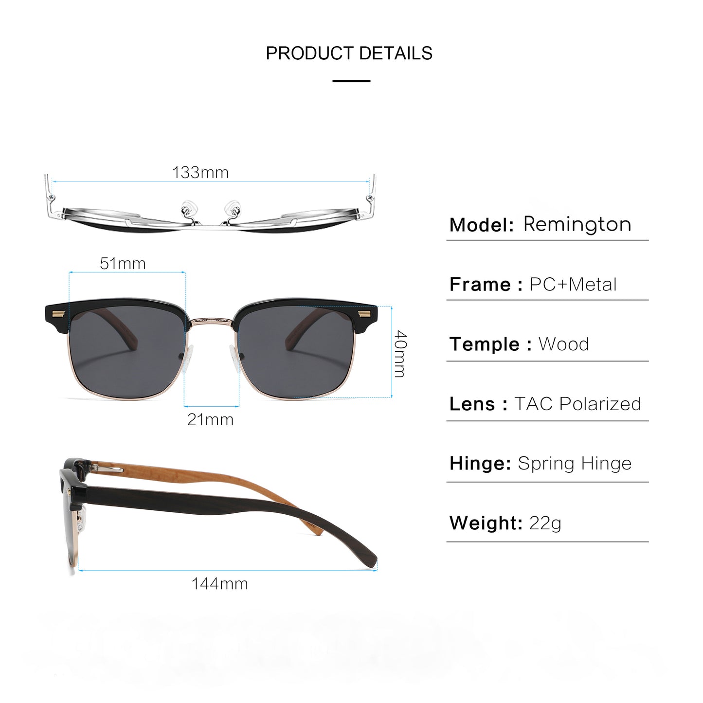 REMINGTON GREY Clubmaster Sunglasses Polarized Lens Wooden Arms