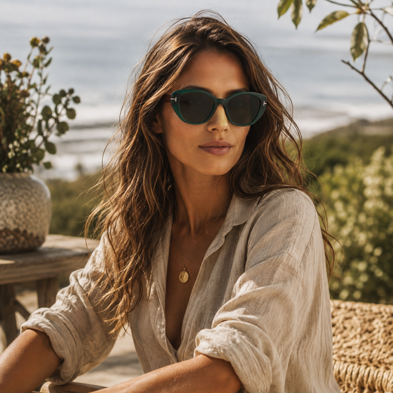 Model wearing a pair of Hashtag Bamboo Solara Green sunglasses in a natural coastal setting.