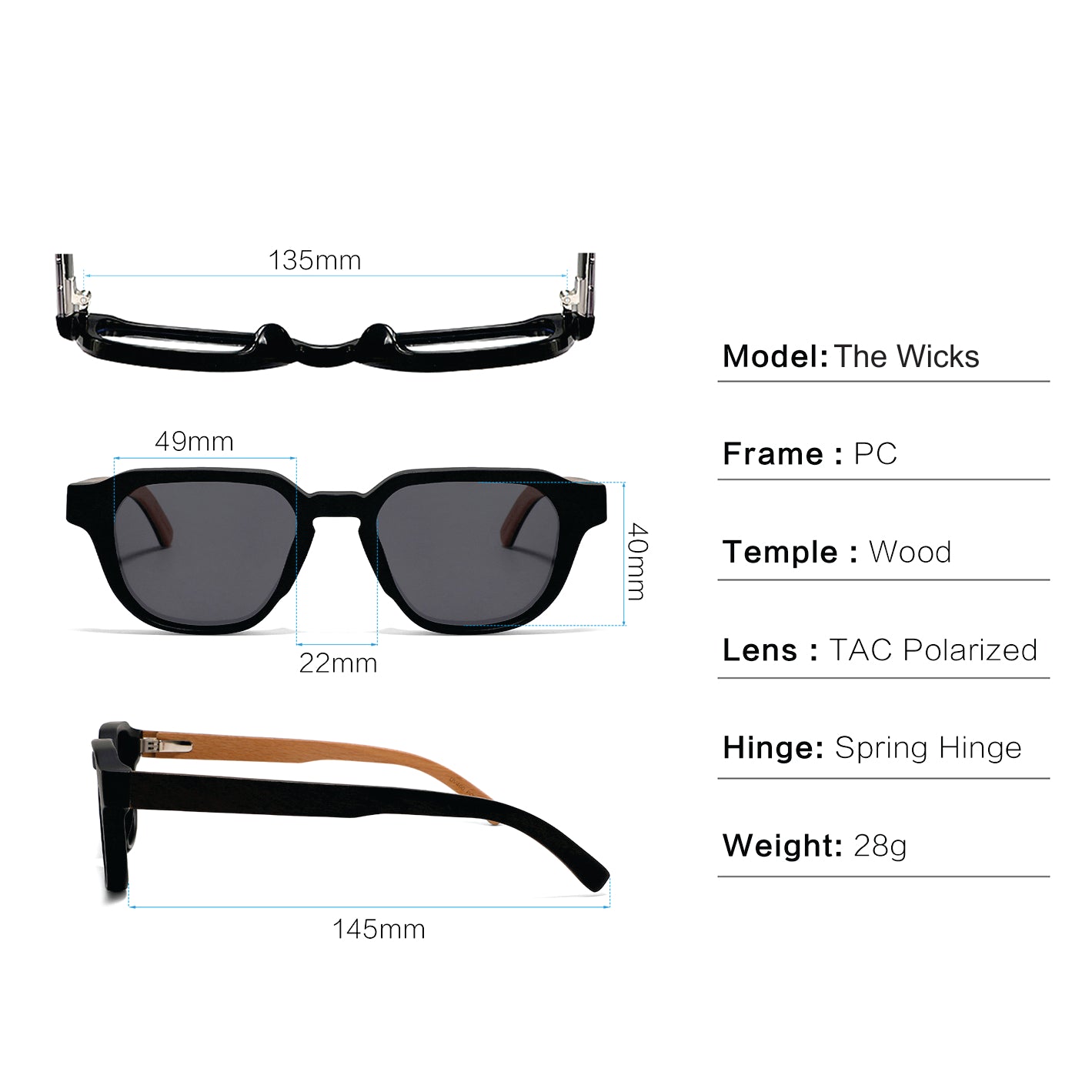 WICKS GREY Mega Edgy Sunglasses Polarized Lens Wooden Arms