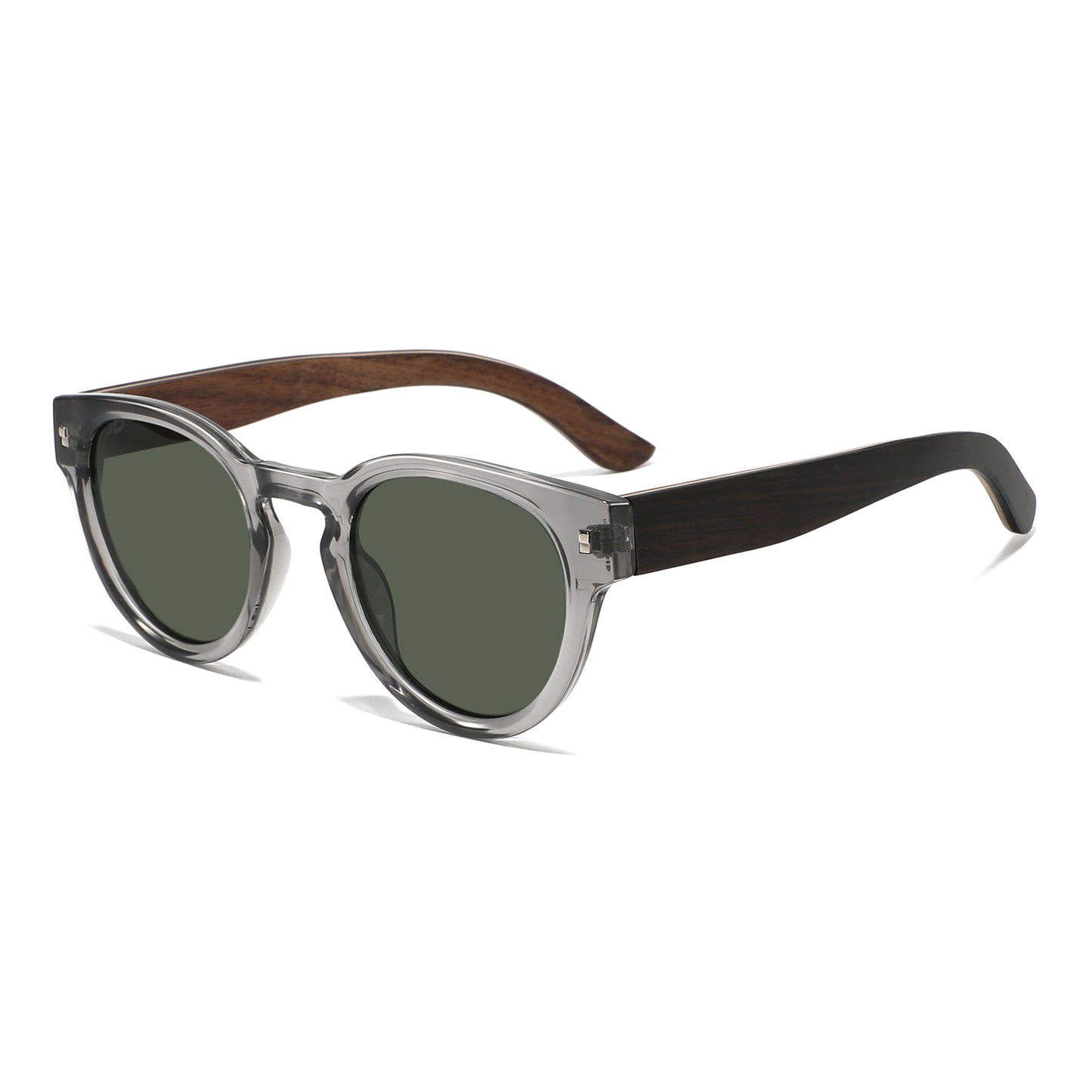 DEPP GREY Round Edgy Sunglasses Polarized Lens Wooden Arms