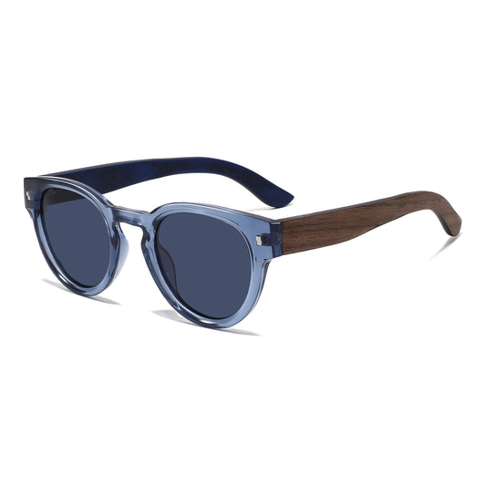 DEPP BLUE Round Edgy Sunglasses Polarized Lens Wooden Arms