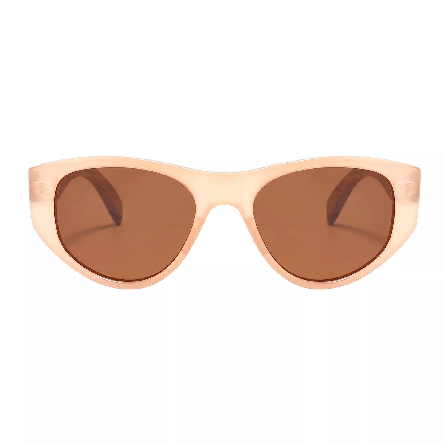 Ladies new style 2023 nude champagne sunglasses with wooden arms and polarised brown lens, the Stellas are super-model worthy.