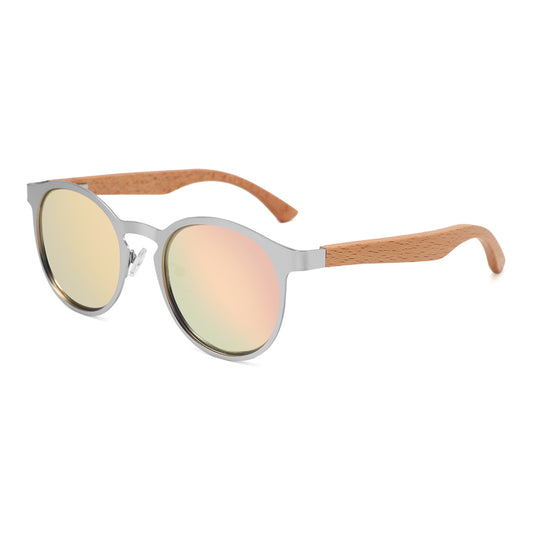 HUDSON ROSE Sunglasses Metal Frame Polarised Lens Wooden Arms