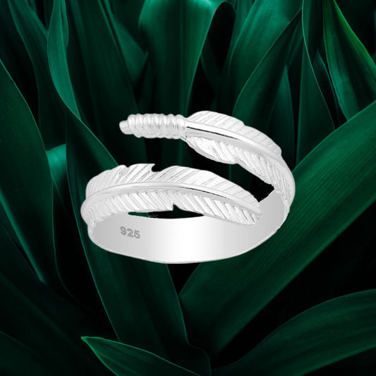 LADIES RING 925 Sterling Silver Adjustable Feather