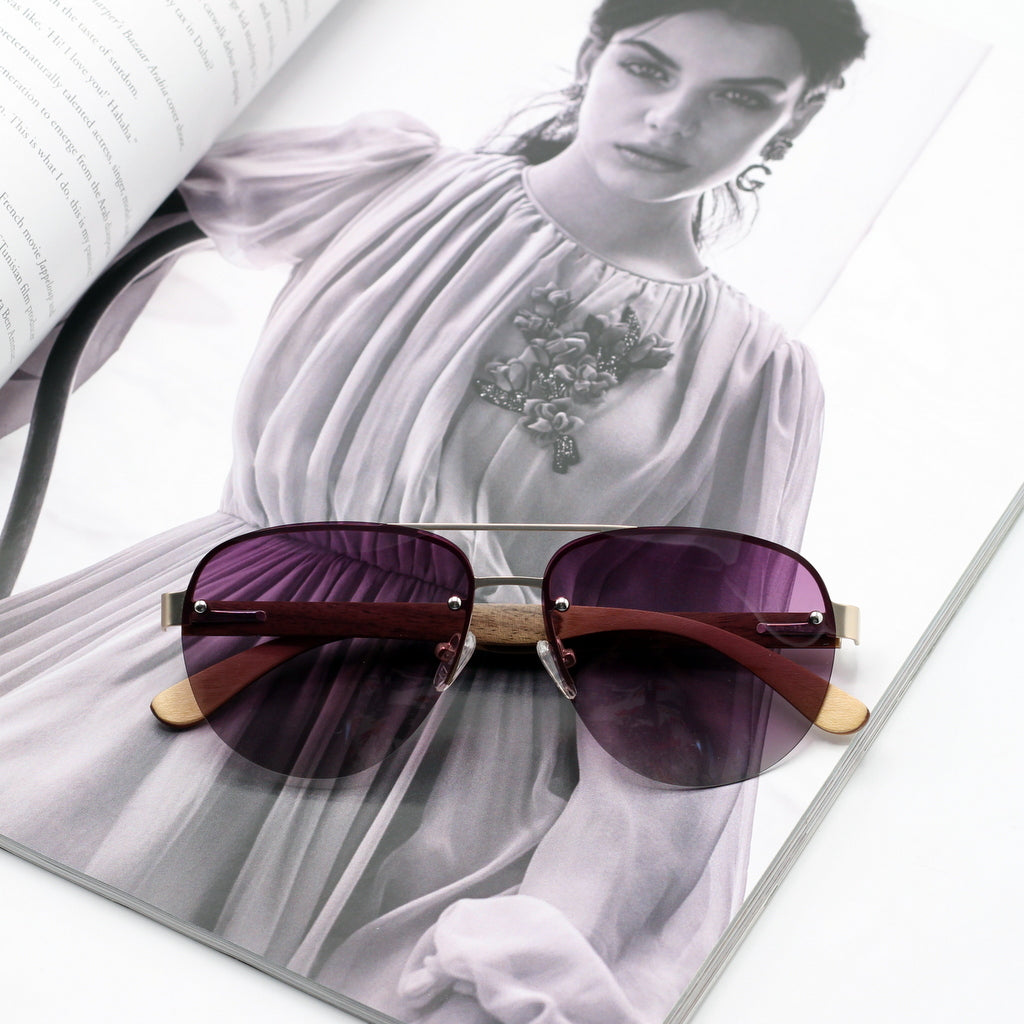 New aviator sunglasses, stainless steel frame with purple polarised lenses and wooden arms. The Radars, they're purple-icious!.