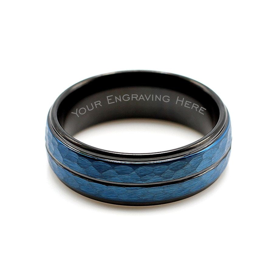 Men's black tungsten ring with blue hammer finish, 8mm wedding band with matt hammer finish. New trend for 2021 in men's jewellery. Hashtag Bamboo SA.