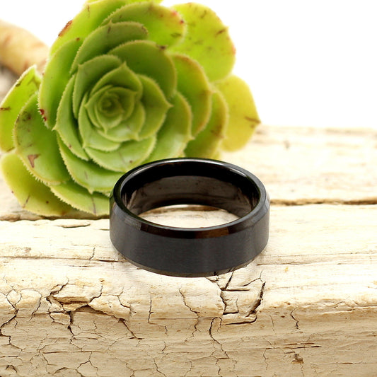 Men's brushed black tungsten ring with bevelled edges, super slick, 8mm wedding band, rings for men. Hashtag Bamboo, delivery only R59 anywhere in SA. Engrave your ring for an additional R80.