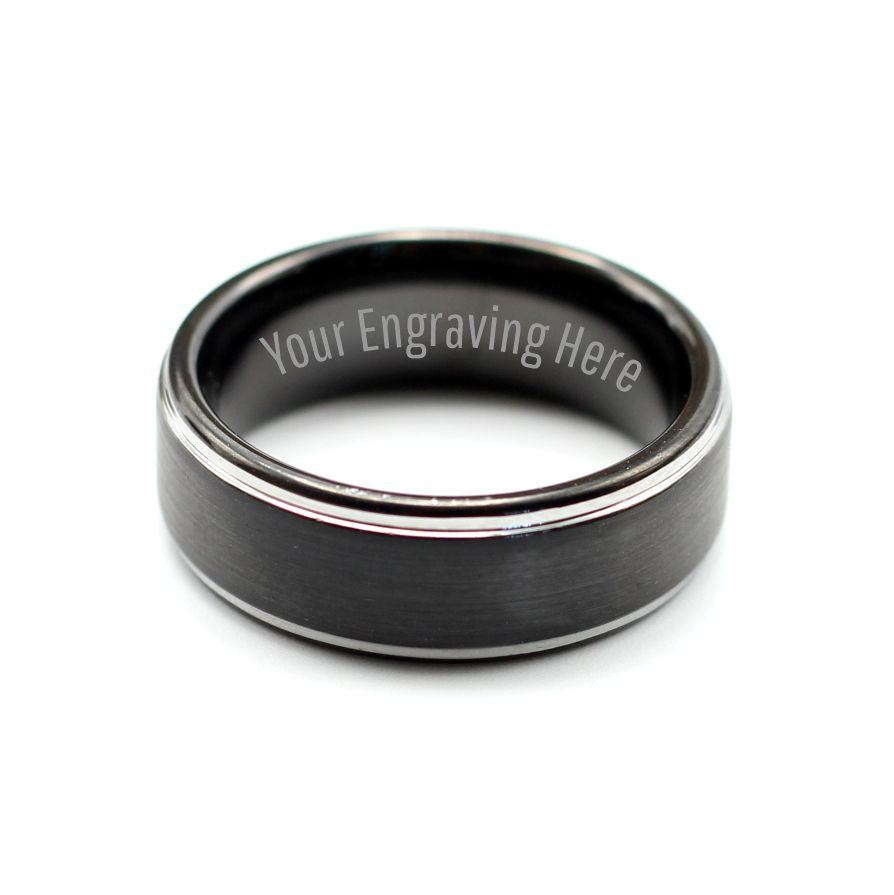 Men's black brushed tungsten ring 8mm wedding band with silver bevelled edges. Engrave a personalised message for only R80. Shipping anywhere in SA for R59.