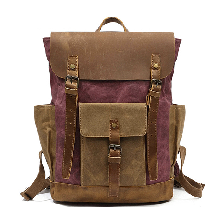 MANJARO RED MULBERRY Waxed Canvas Genuine Leather Backpack