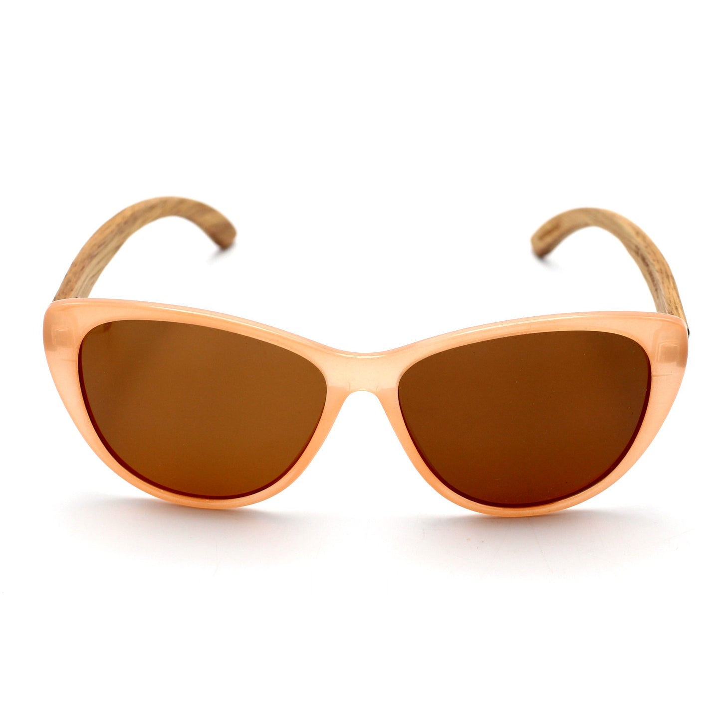 The new, oh-so-flattering Callies in oh-so-trendy pastel nude frame with polarized brown lens and zebrawood wooden arms.