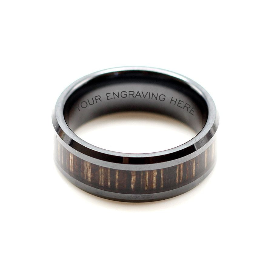 Men's black ceramic ring with zebra wood inlay, 8mm wedding band, shipping only R59 in South Africa. We can personalise your ring with your unique engraving.