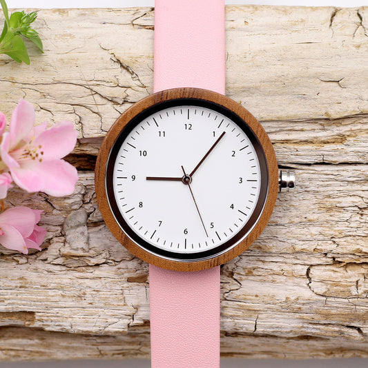 CUTIE PINK KANSO Round Wooden Watch Walnut