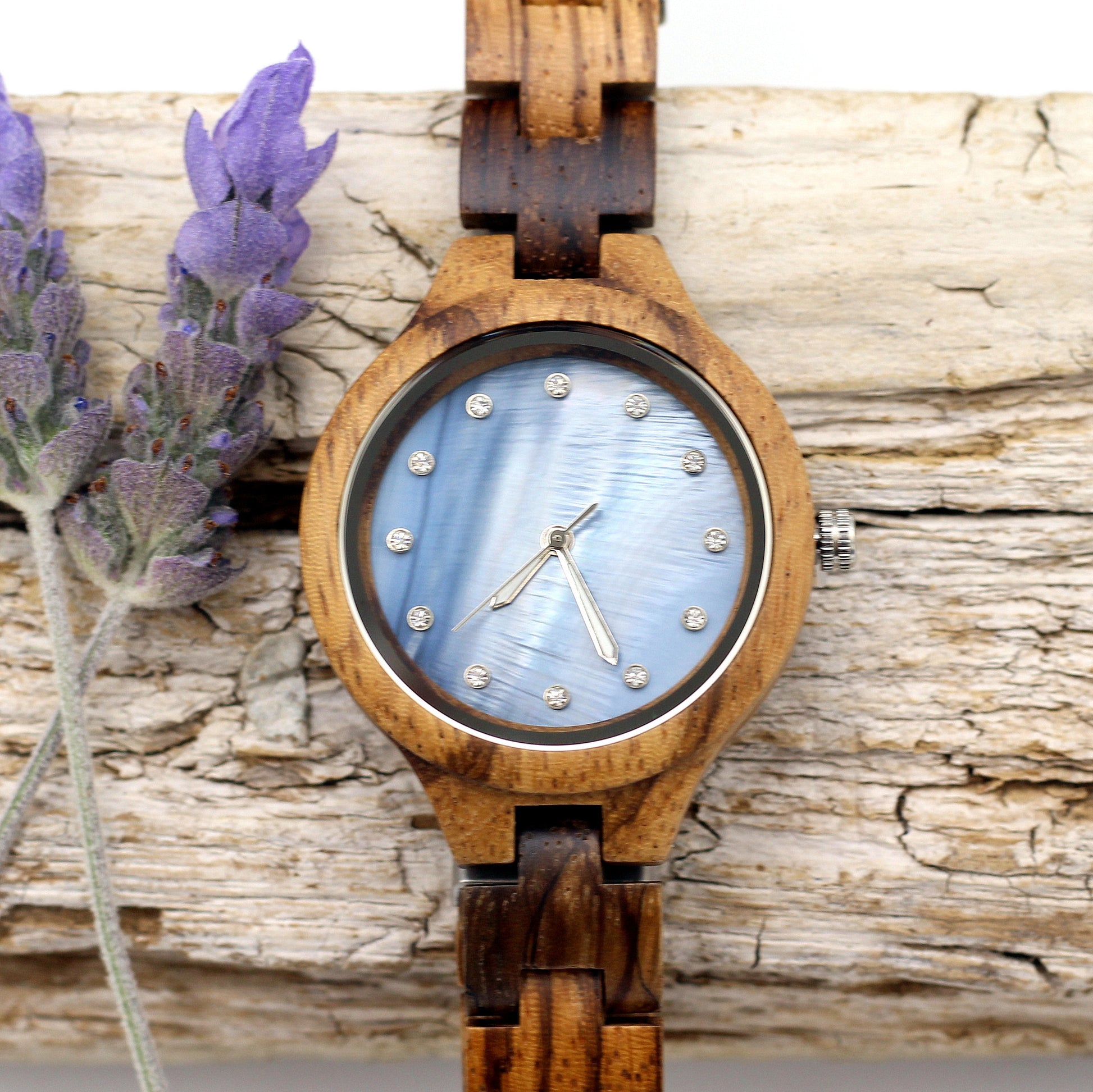 PEARL BLUE Ladies Zebrawood Watch with Wooden Strap - Hashtag Bamboo