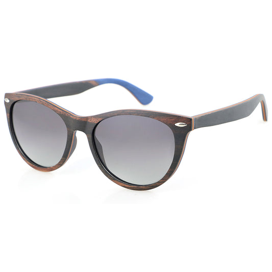 L'amore Ladies solid wood sunglasses, high fashion, high quality, ebony maple skateboard frame with gradient grey polarised lens.