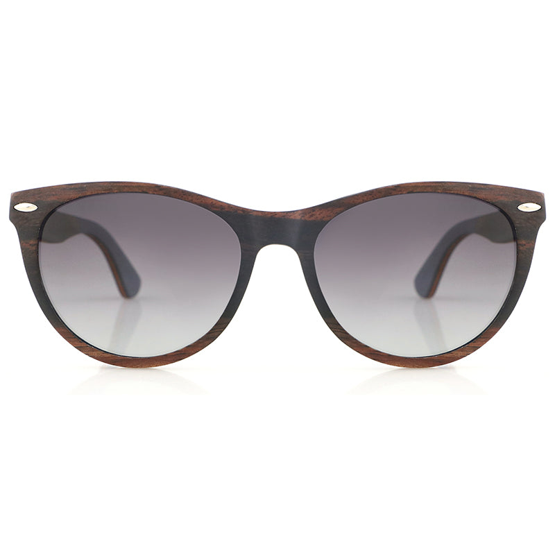 L'amore Ladies solid wood sunglasses, high fashion, high quality, ebony maple skateboard frame with gradient grey polarised lens.