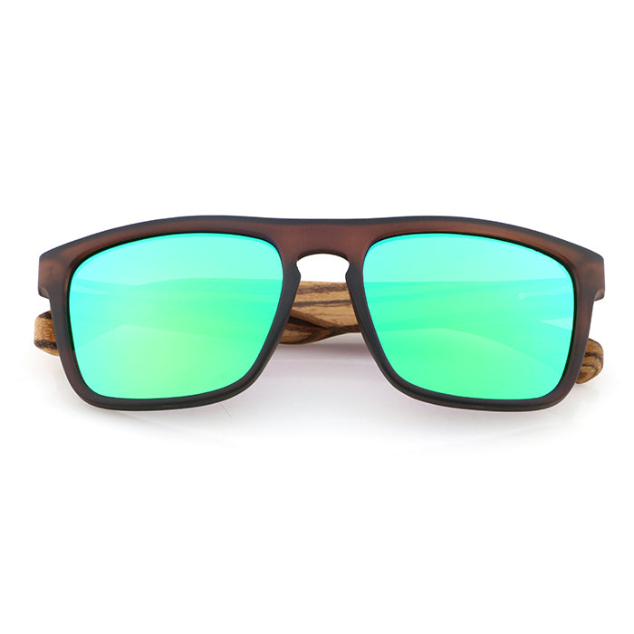MANSHADY Opaque Brown Sunglasses Green Mirror Polarised Lens Wooden Arms - Hashtag Bamboo