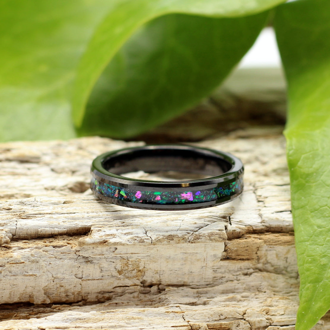 LADIES RING Black Tungsten with Galaxy Opal 4mm Band