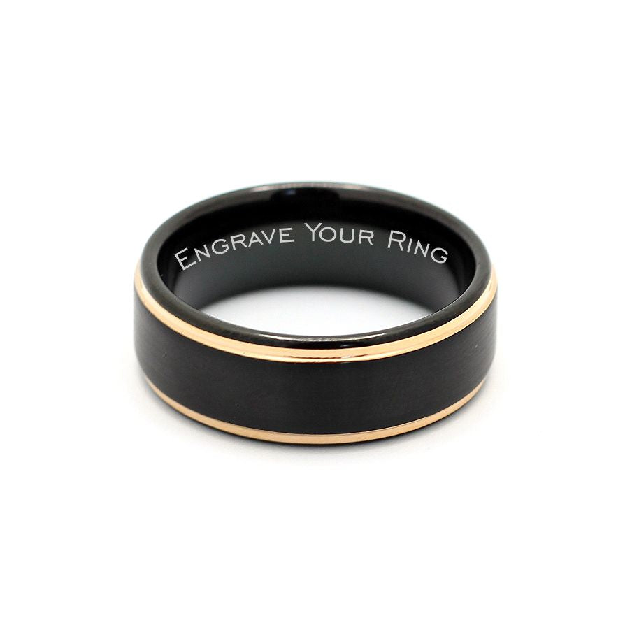 Men's Black Tungsten Ring with Rose Gold Bevelled Edge - Hashtag Bamboo