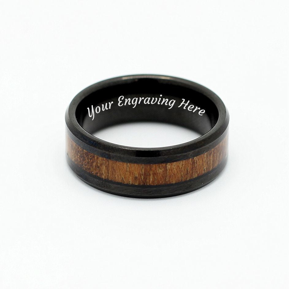 Men's black tungsten with koa wood inlay, 8mm wedding band, engrave a message, delivery within 48 hrs.