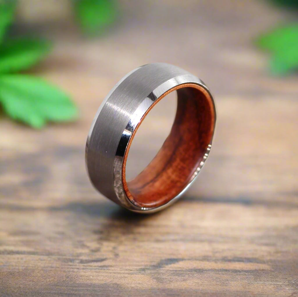 Men's Silver Bevelled Brushed Tungsten Ring with Wood Sleeve - Hashtag Bamboo