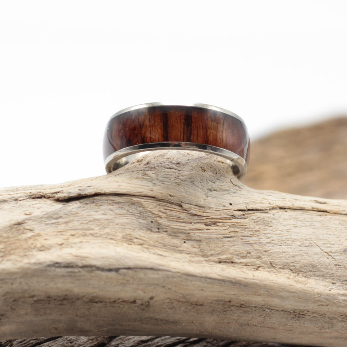 Men's silver titantium wedding band with koa wood inlay, gents rings, free shipping, hashtag bamboo, orbit.