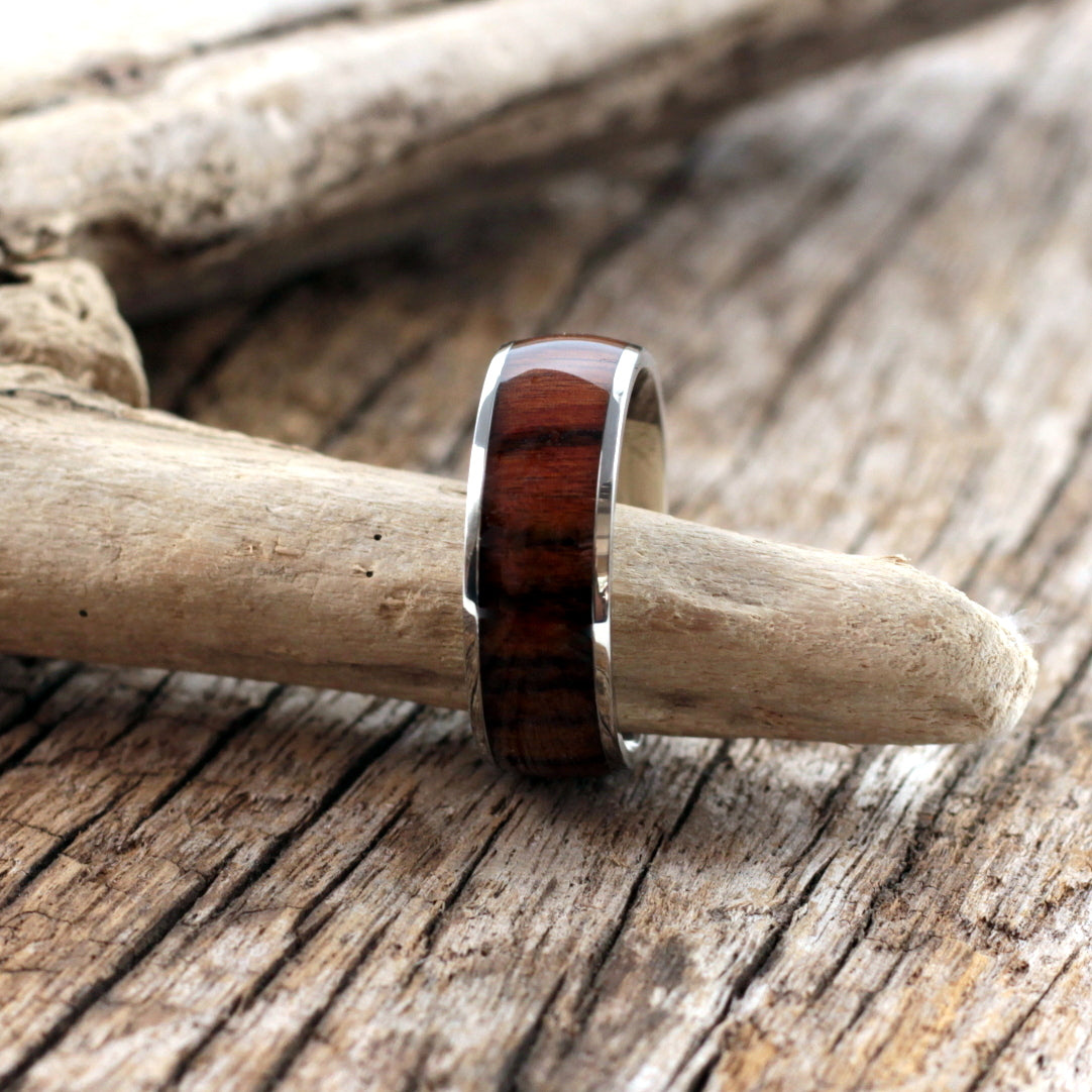 Men's silver titantium wedding band with koa wood inlay, gents rings, free shipping, hashtag bamboo, orbit.