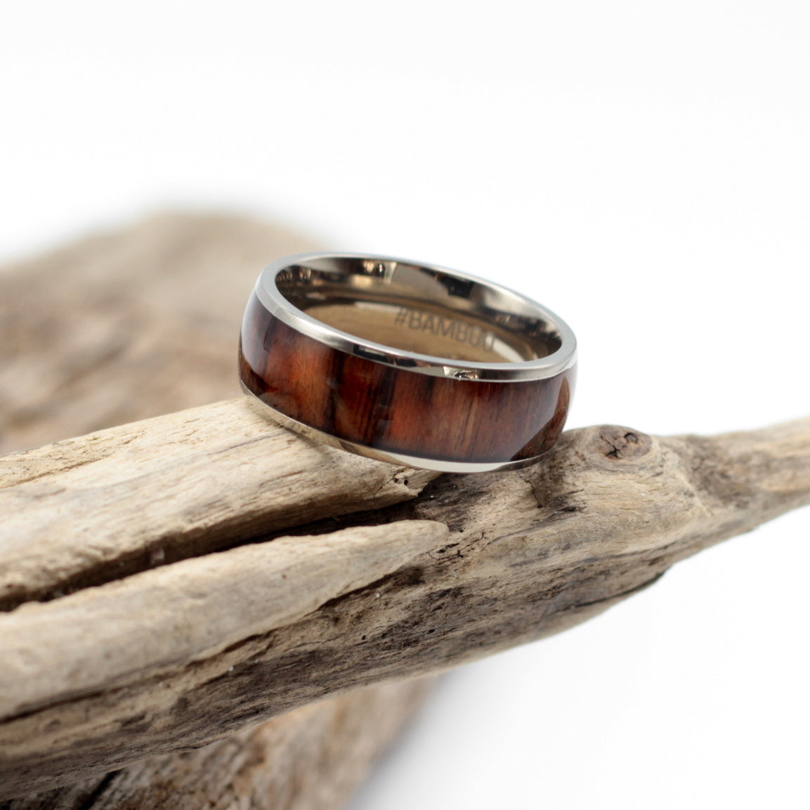 Men's silver titantium wedding band with koa wood inlay, gents rings, free shipping, hashtag bamboo, orbit.